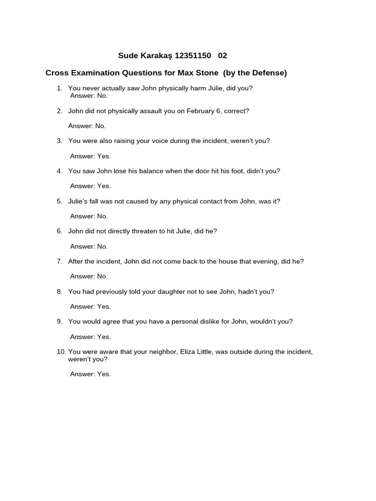 Defense Cross Examination Questions | PDF