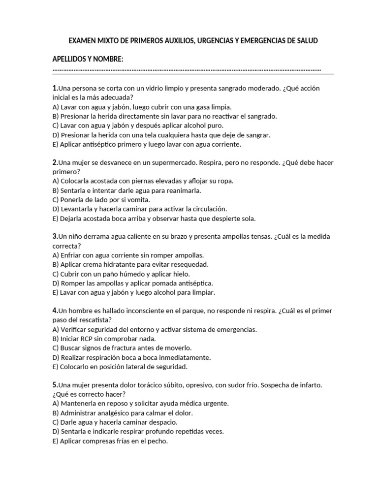 Examen de Primeros Auxilios y Emergencias | PDF | Reanimación ...