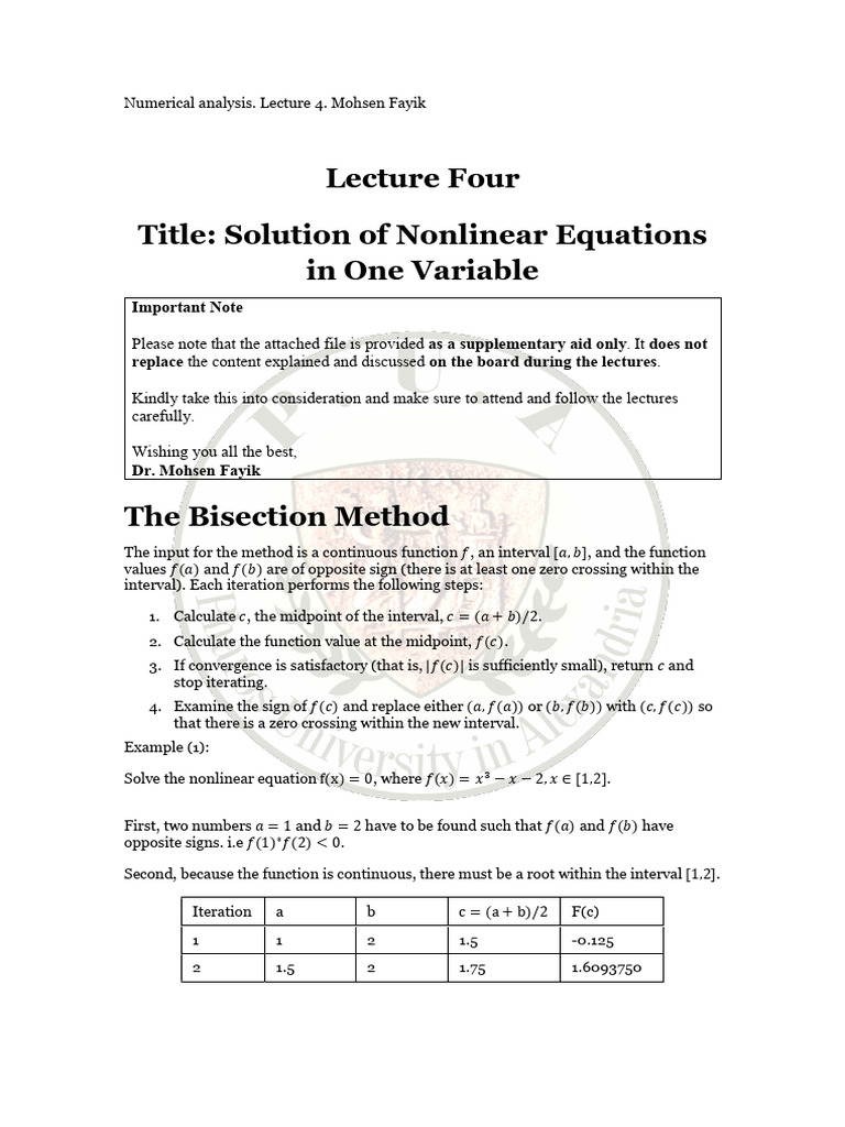 Bisection Method for Nonlinear Equations | PDF | Mathematical Relations ...