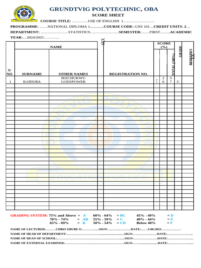 GP Online Raw Score Sheet | PDF