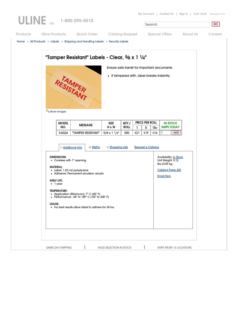 Tamper Resistant - Labels - Clear, 5 - 8 X 1 1 - 4 - S-8324 - Uline ...