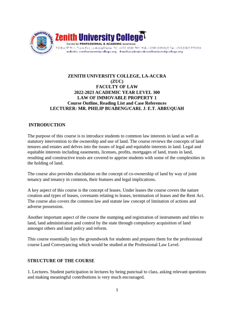 Immovable Property II Course Outline Official | PDF | Lease ...