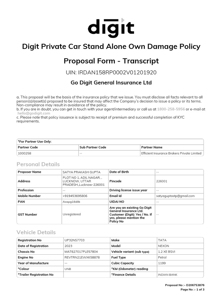 Digit Private Car Damage Policy Proposal | PDF | Insurance | Payments