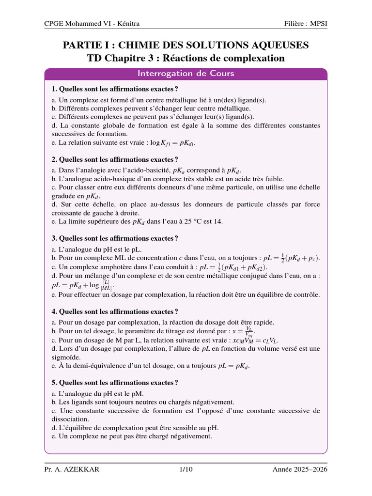 Réactions de Complexation en Chimie Aqueuse | PDF | Dissociation ...