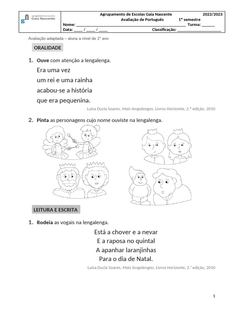Avaliação de Português 1º Ano | PDF | Linguística | Fonética