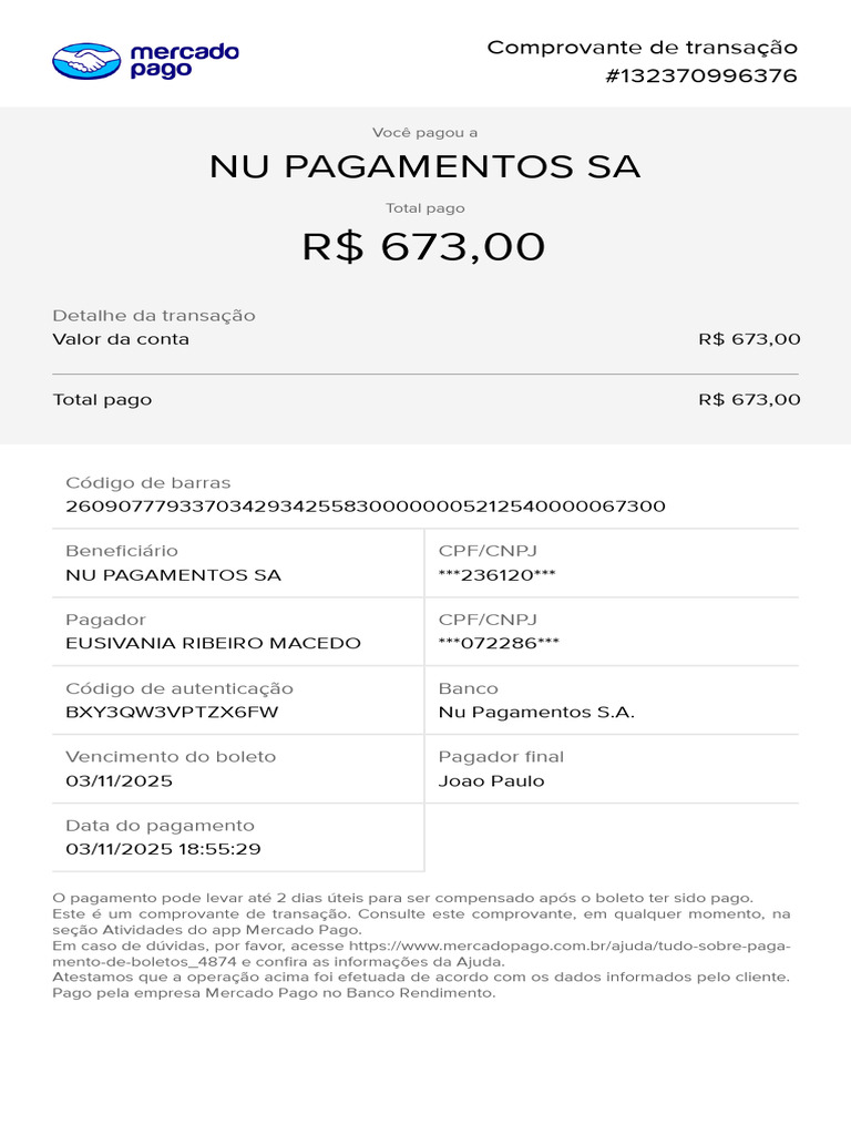 Comprovante de Pagamento NU Pagamentos | PDF