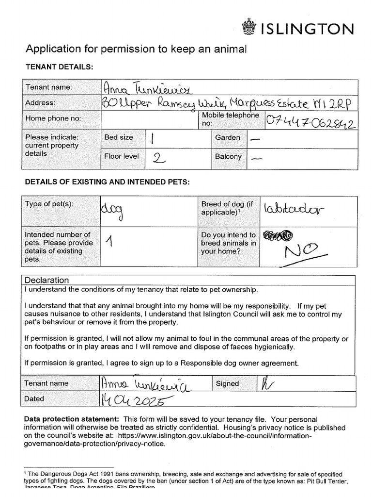 Islington Pet Ownership Application Form | PDF | Pet | Dogs