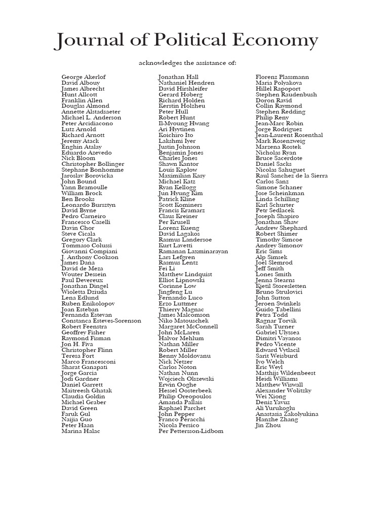 Journal of Political Economy: Acknowledges The Assistance of | PDF