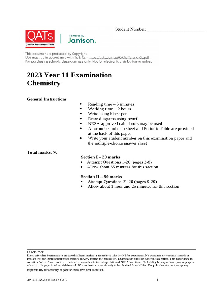 2023 Year 11 Chemistry Exam Paper | PDF | Redox | Radioactive Decay
