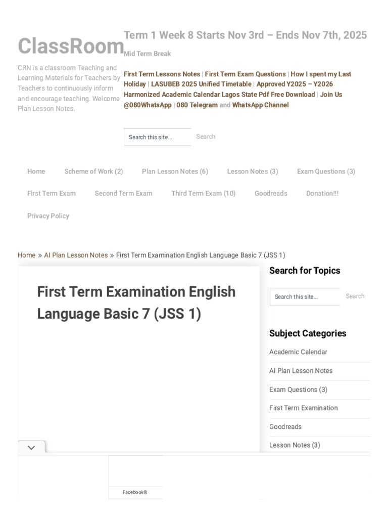 First Term English Exam Questions JSS 1 | PDF | Academic Term | Water