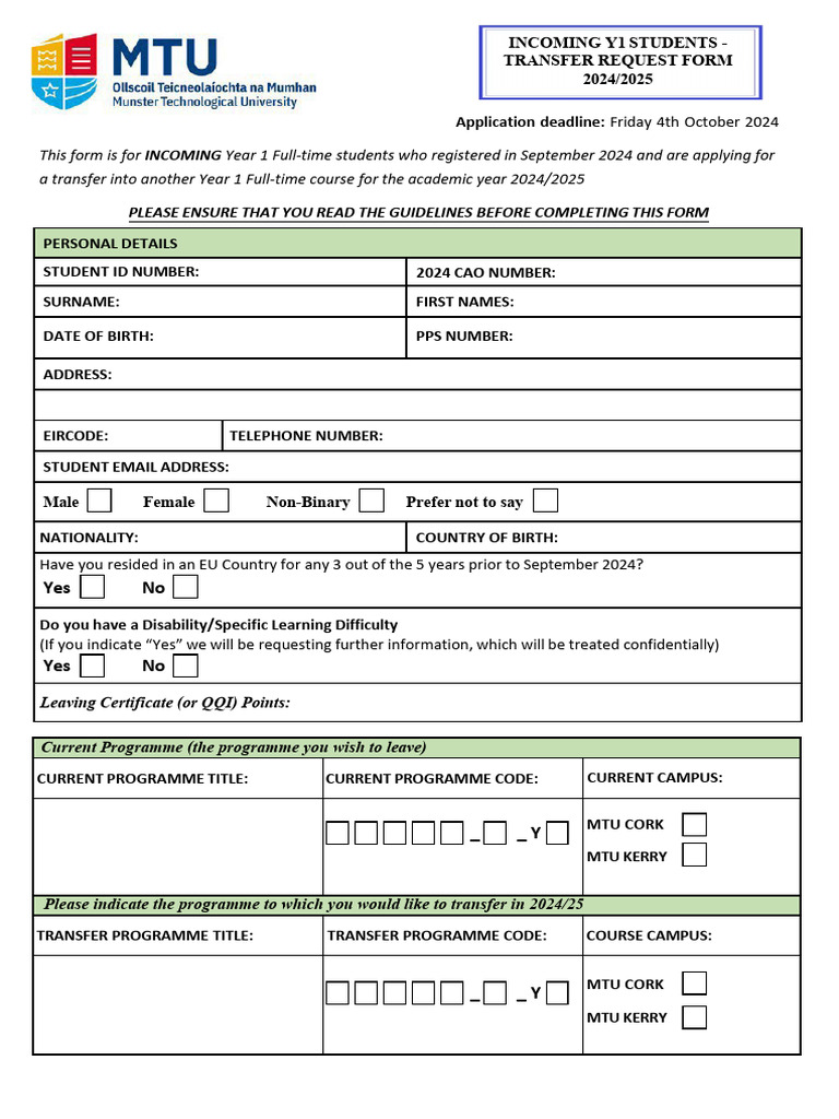 Incoming Y1 Transfer Request Form Sept 2024 | PDF