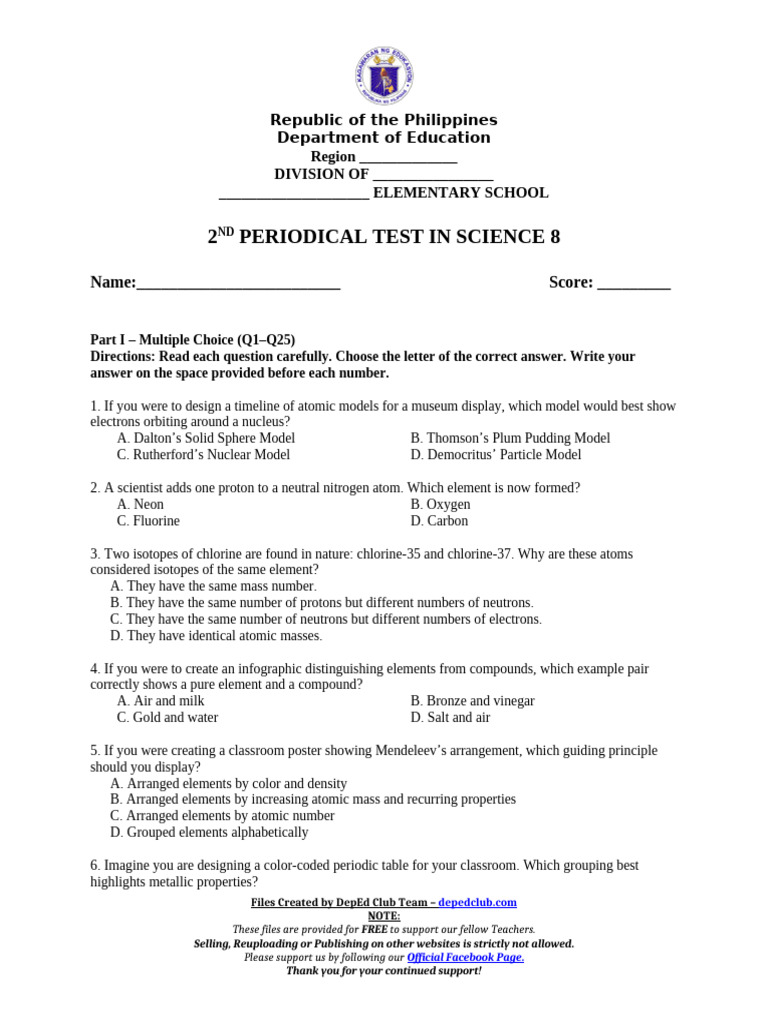 Science 8 Periodical Test Guide | PDF | Atomic Nucleus | Chemical Elements