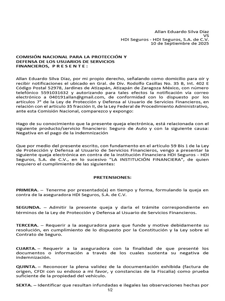 Formato Queja CONDUSEF | PDF | Póliza de seguros | Seguro
