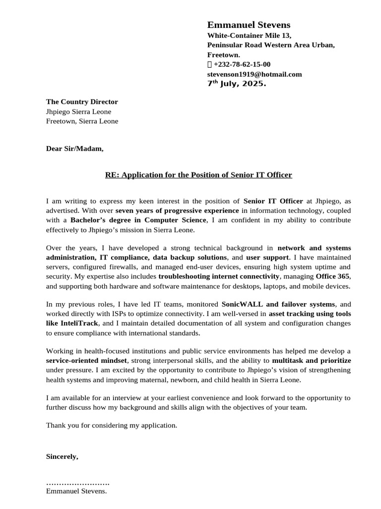 Emmanuel Stevens Application Letter For It Officer at Jhpiego's Office ...