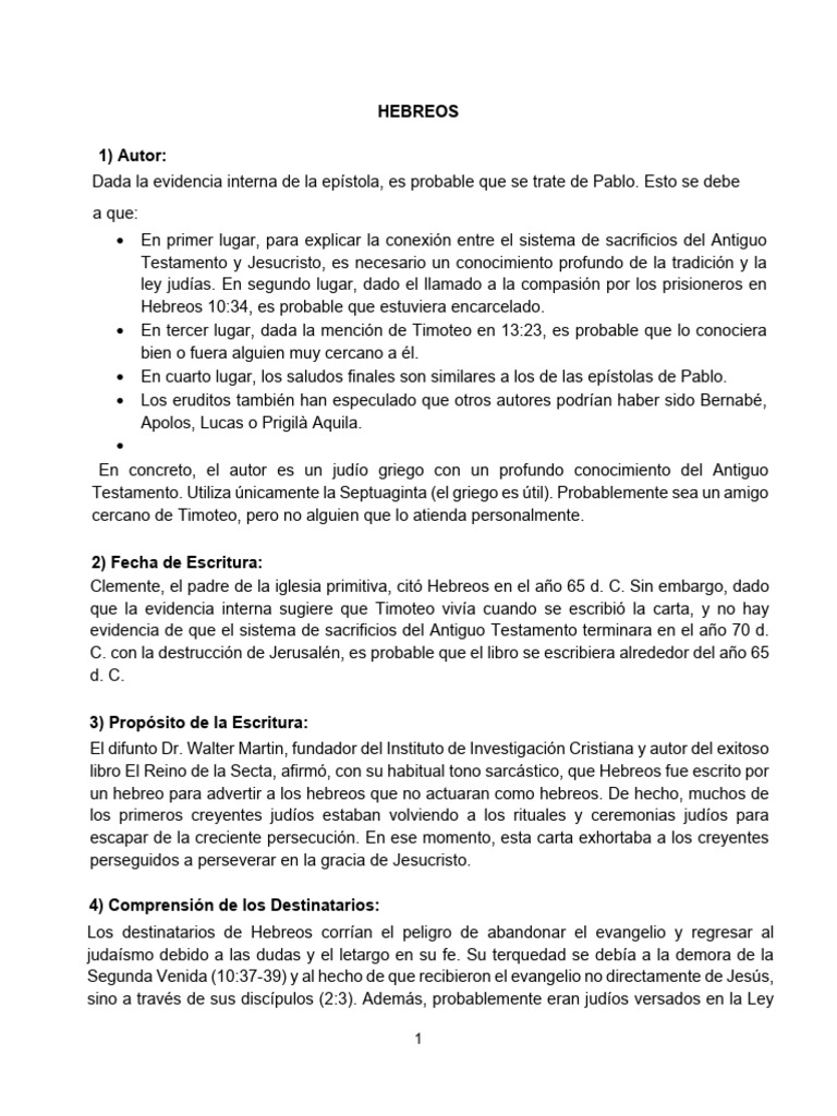 Análisis de la Epístola a los Hebreos | PDF | Epístola a los hebreos ...