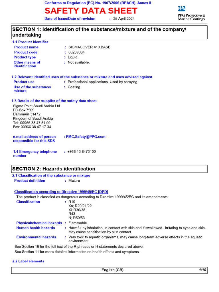 SigmaCover 410 Base Safety Data Sheet | PDF | Safety | Toxicology