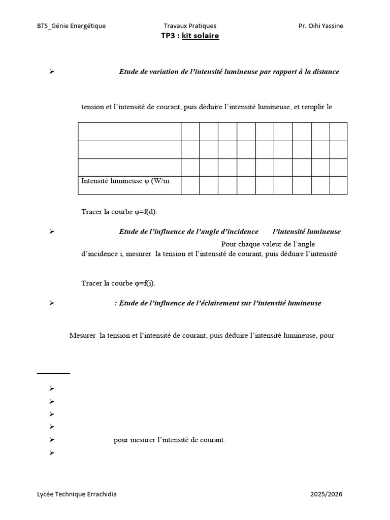 TP Kit Solaire : Études d'Intensité Lumineuse | PDF