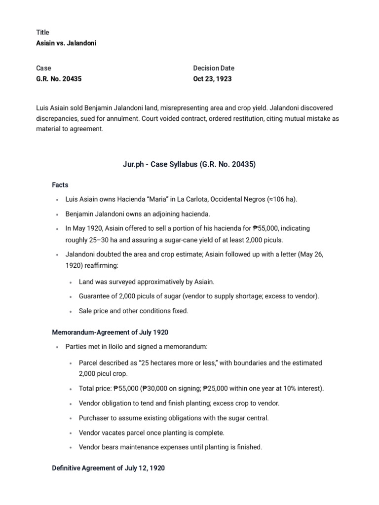 Asiain v. Jalandoni: Contract Nullification Case | PDF | Private Law ...