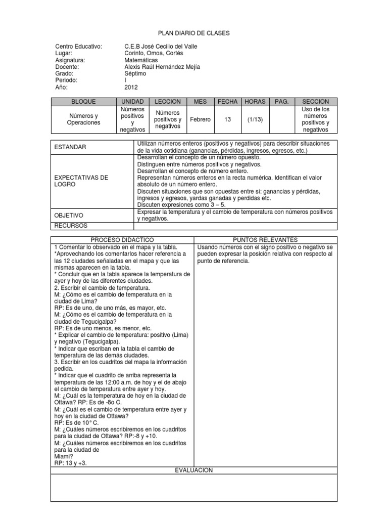 Plan Diario de Clases 7 Grado I Periodo | PDF | Entero | Número racional