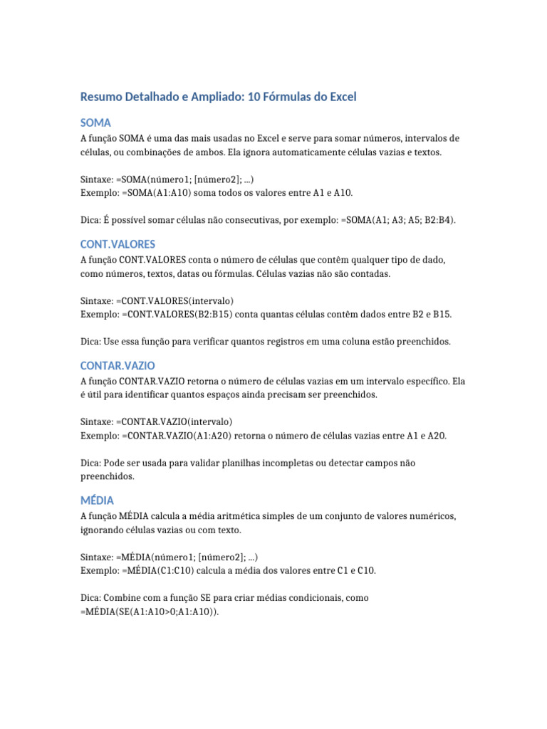10 Fórmulas Essenciais do Excel | PDF | Função (Matemática) | Microsoft ...