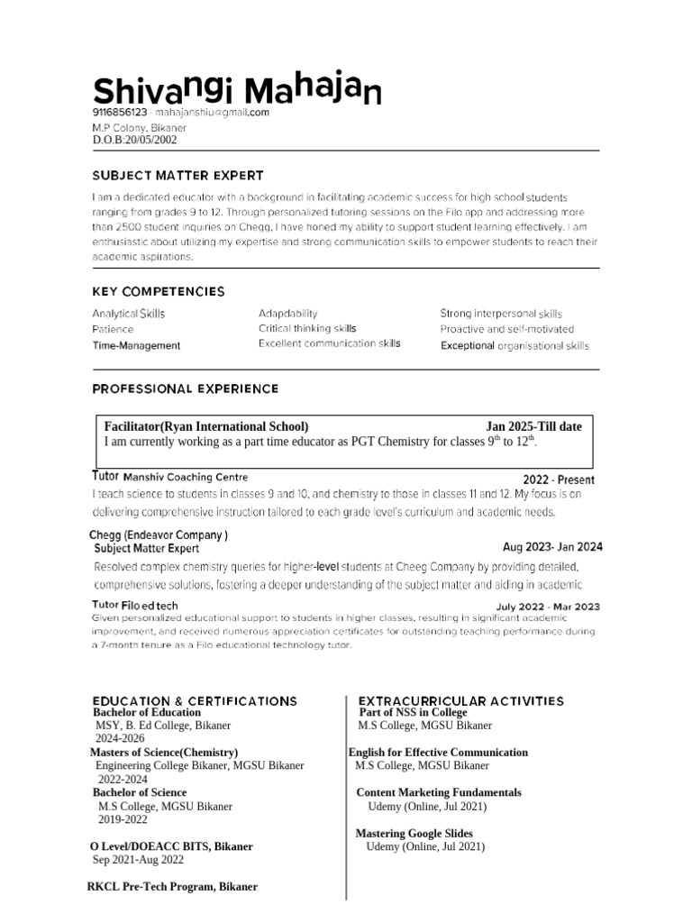 Education and Teaching Experience Summary | PDF