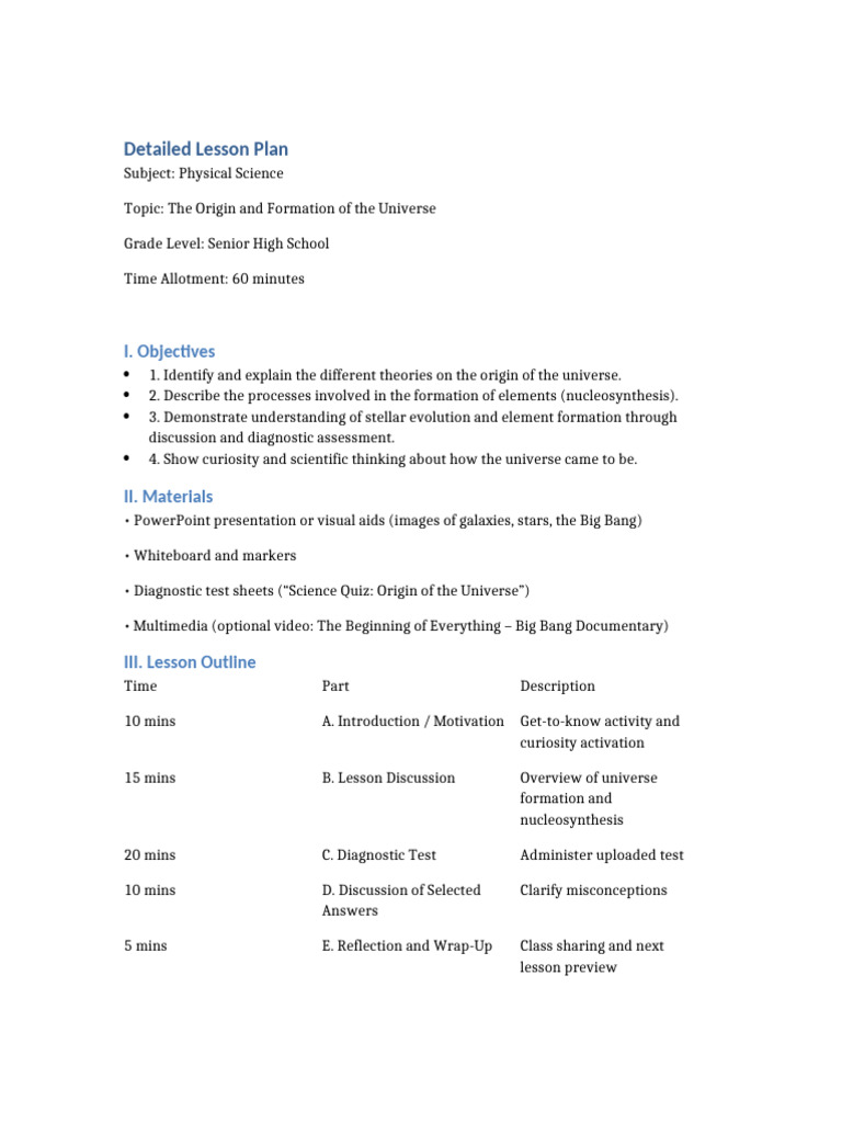 Universe Formation Lesson Plan | PDF | Universe | Stars