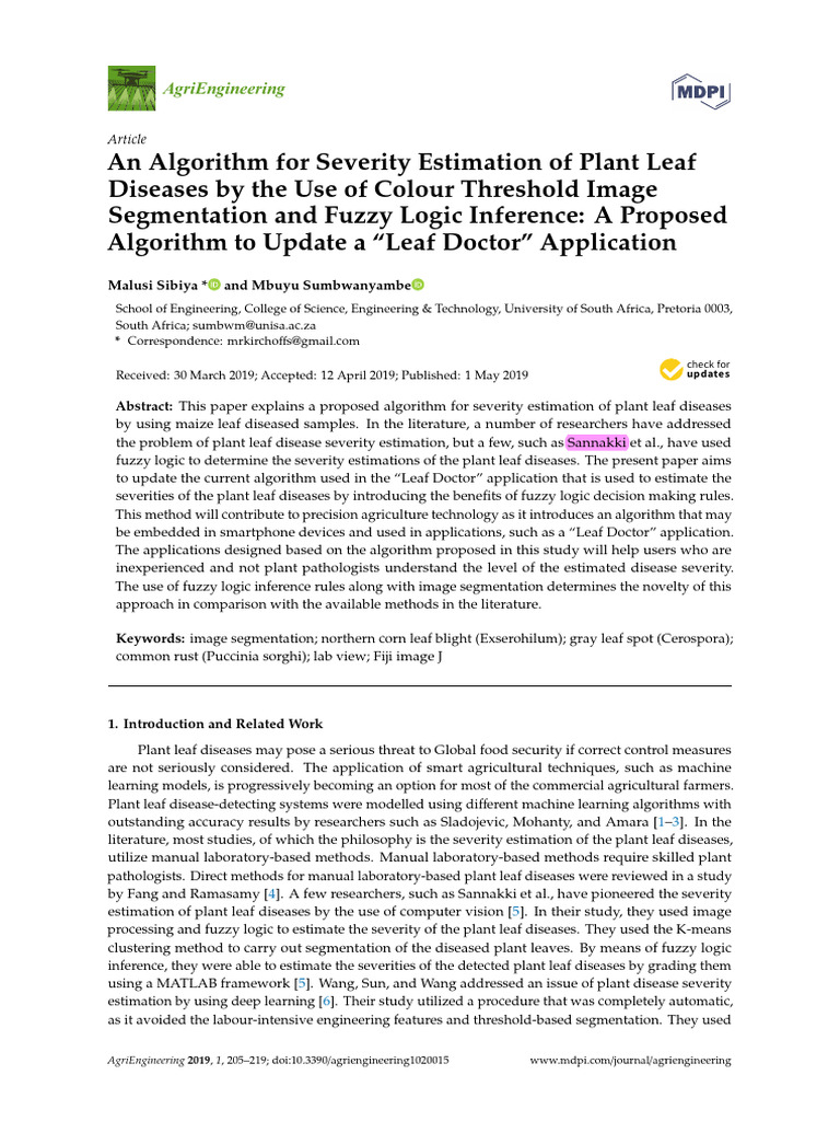 Fuzzy Logic Algorithm for Leaf Disease Estimation | PDF | Image ...
