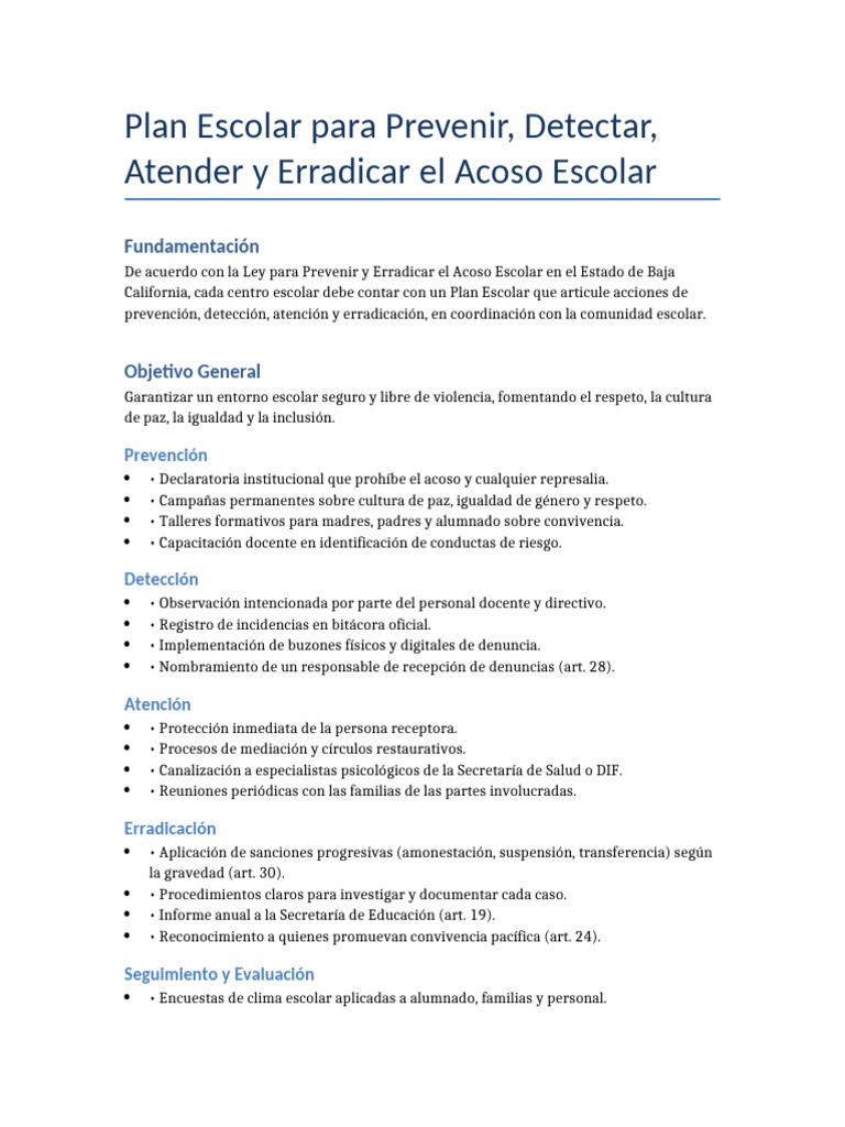 Plan Escolar contra el Acoso Escolar | PDF
