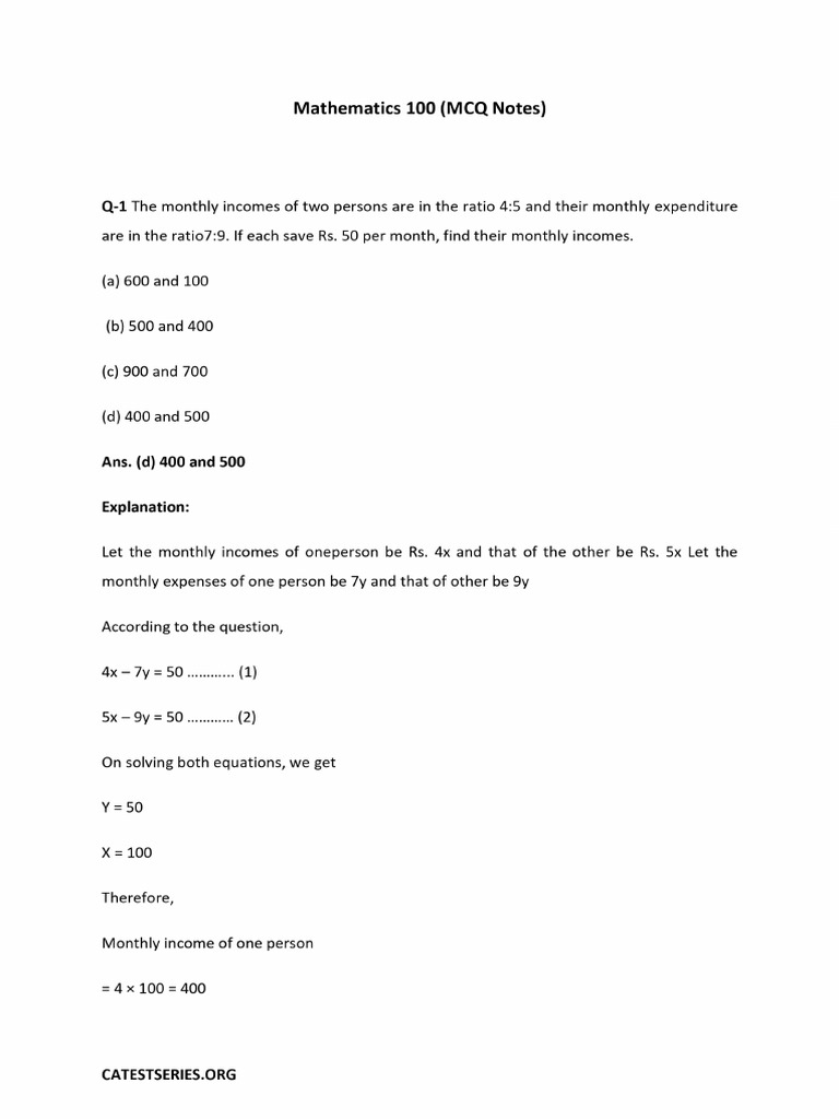 Mathematics 100 Questions | PDF