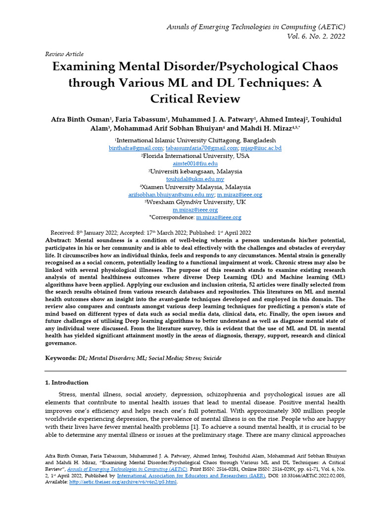 ML & DL Techniques in Mental Health Review | PDF | Machine Learning ...
