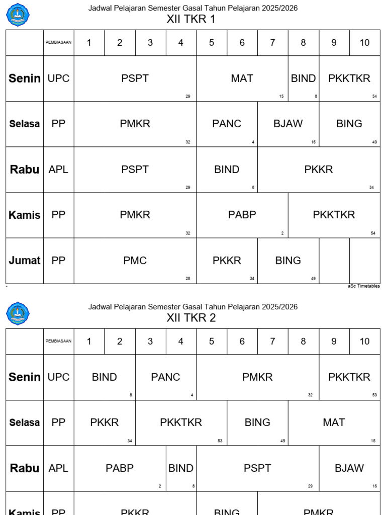 Jadwal Pelajaran Gasal 2025/2026 SMK | PDF