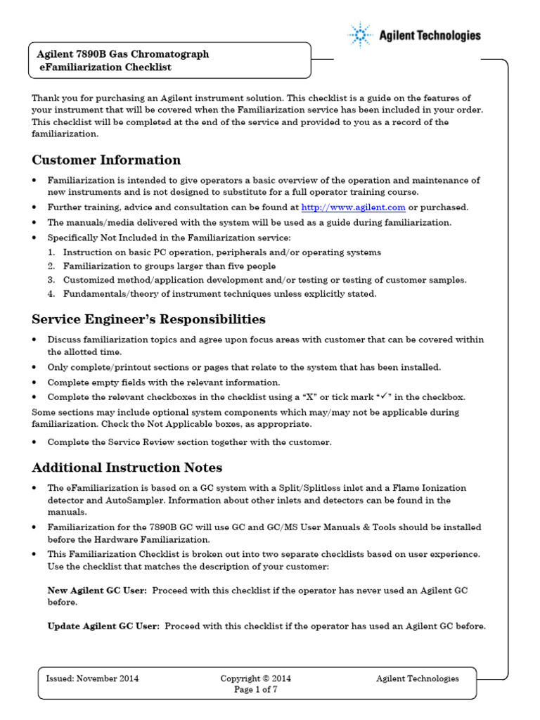 7890B GC EFamiliarization Checklist | PDF | Gas Chromatography ...