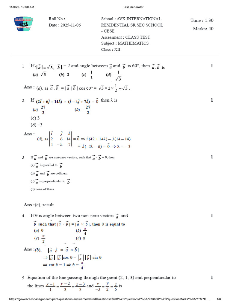 Class XII Mathematics Test Paper | PDF | Angle | Euclidean Vector