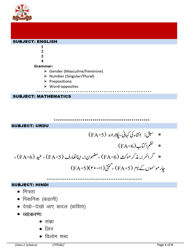 Class 2 Year-End Assessment Syllabus | PDF | Grammatical Gender ...