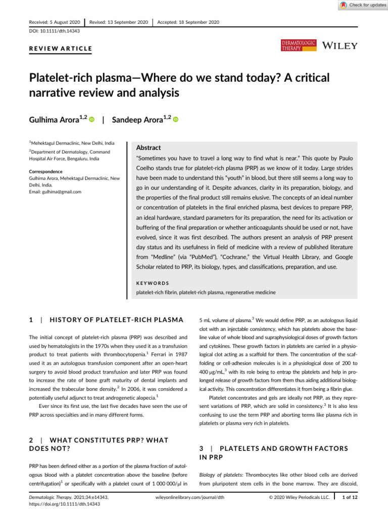 Current Insights on Platelet-Rich Plasma | PDF | Platelet | Blood Cell