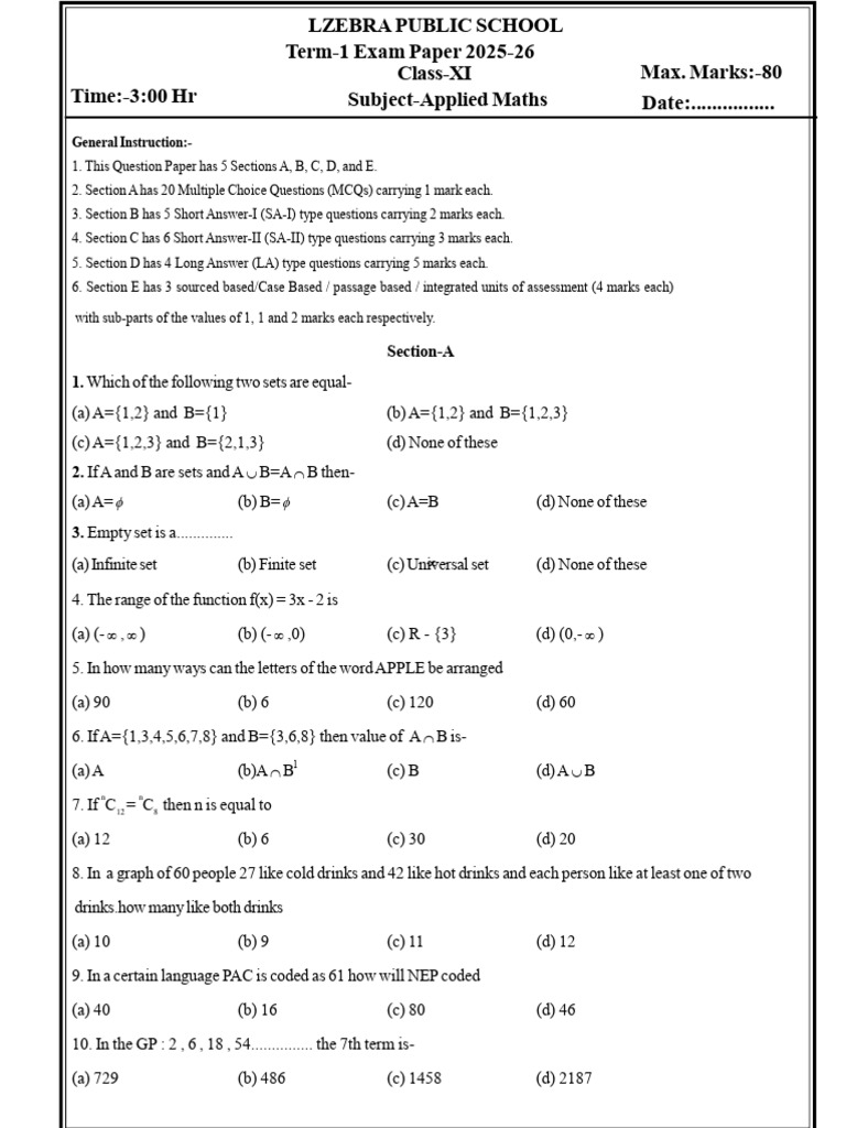 Class XI Applied Maths Exam Paper 2025-26 | PDF | Discrete Mathematics ...