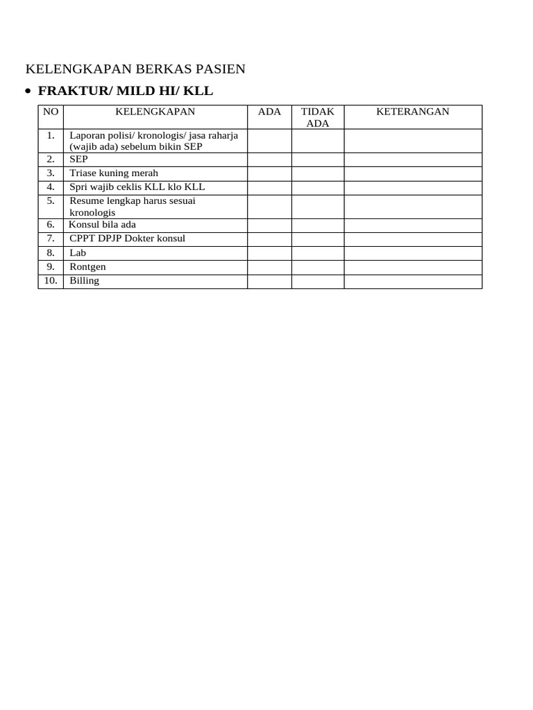 Ceklis Kelengkapan Berkas Pasien KLL | PDF