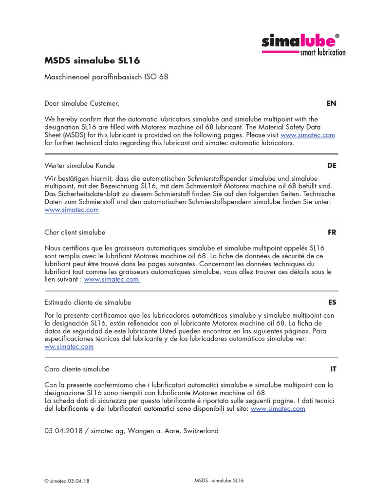 MSDS for Simalube SL16 Lubricant | PDF | Chemistry