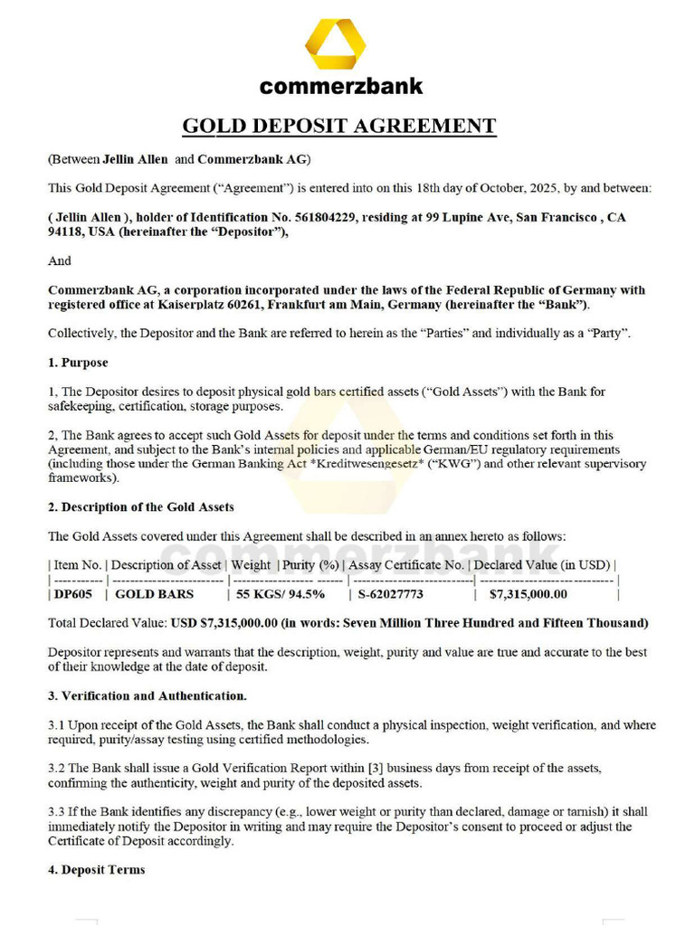 Gold Deposit Agreement | PDF