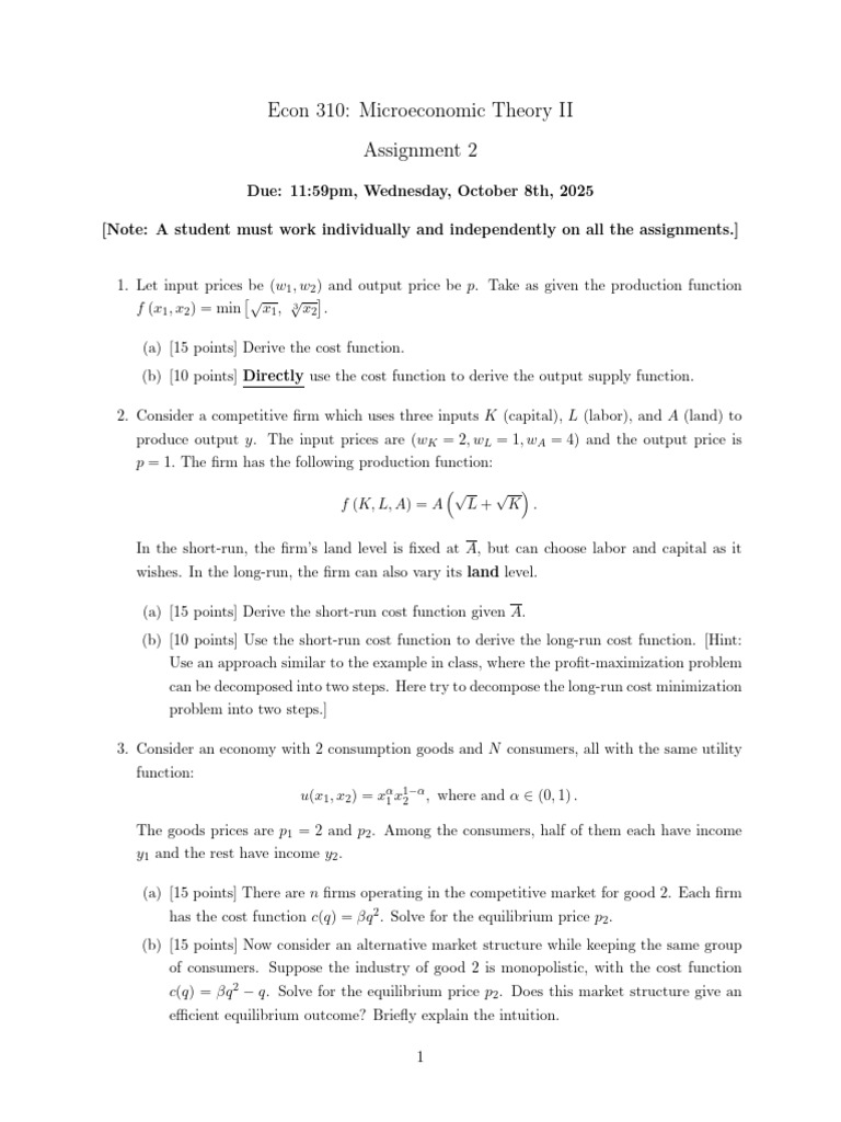 Microeconomic Theory II Assignment 2 | PDF | Economic Equilibrium ...