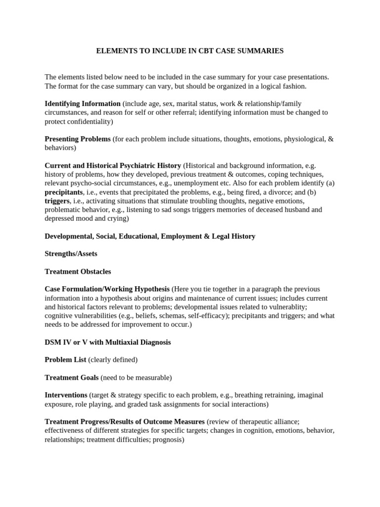 Essential Elements for CBT Case Summaries | PDF