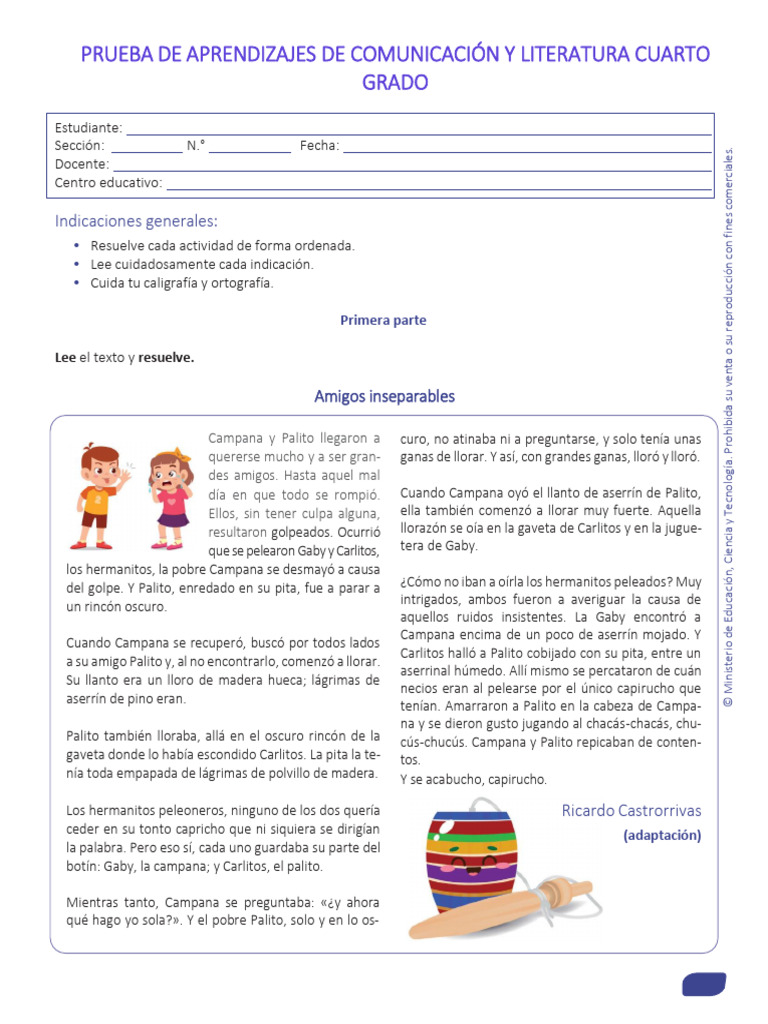 Prueba de Comunicación 4to Grado | PDF