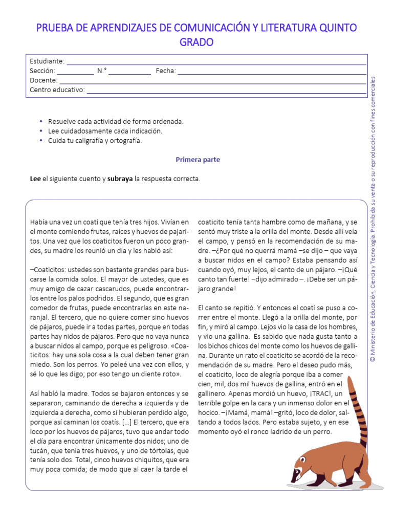 Prueba de Comunicación y Literatura 5° Grado | PDF | Aves | Zoología