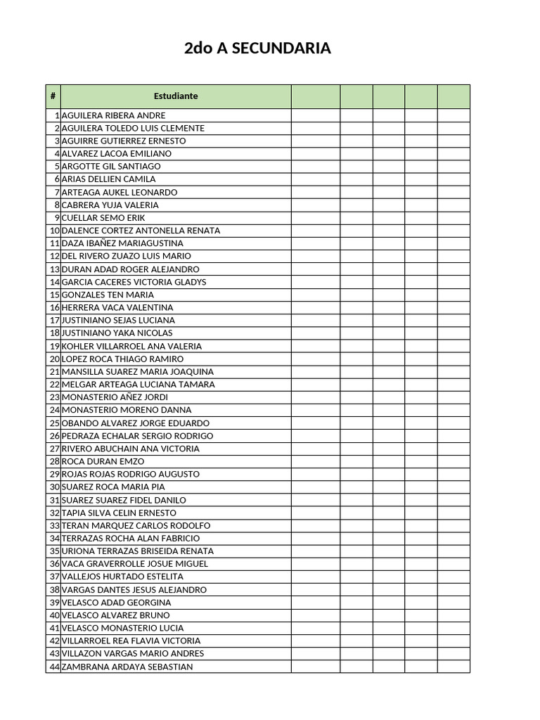 Lista de Estudiantes 2do A Secundaria | PDF