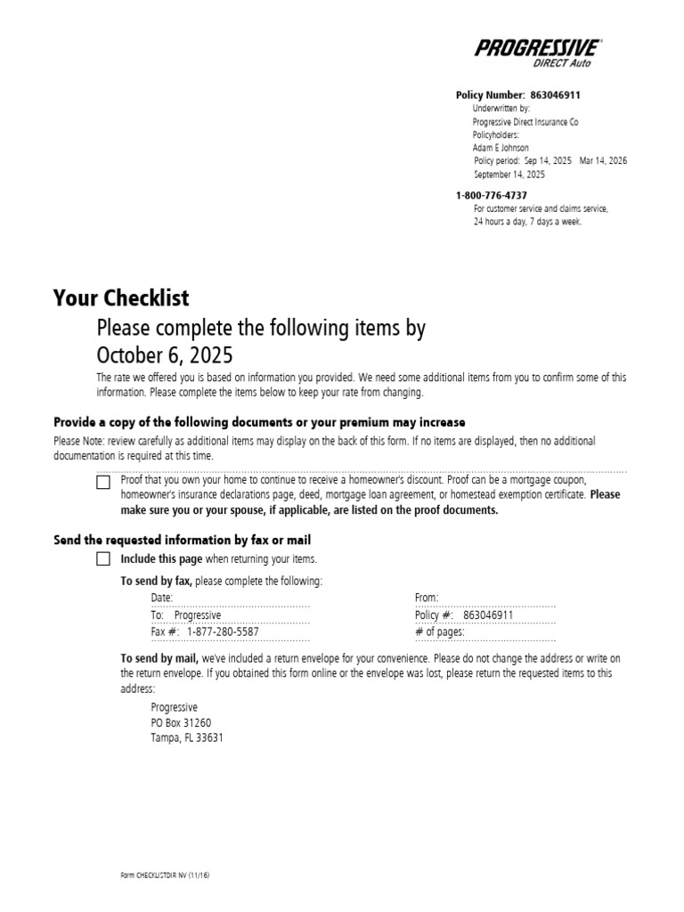 Progressive Insurance Document Checklist | PDF | Insurance | Business Law