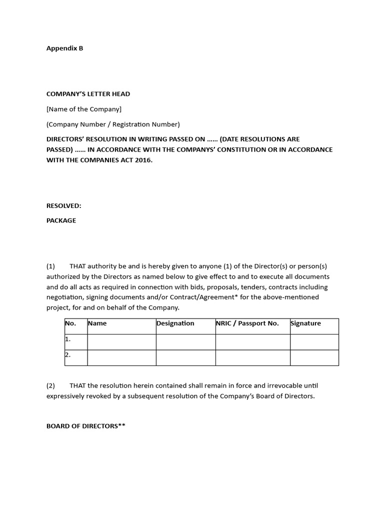 Directors' Written Resolution Template | PDF
