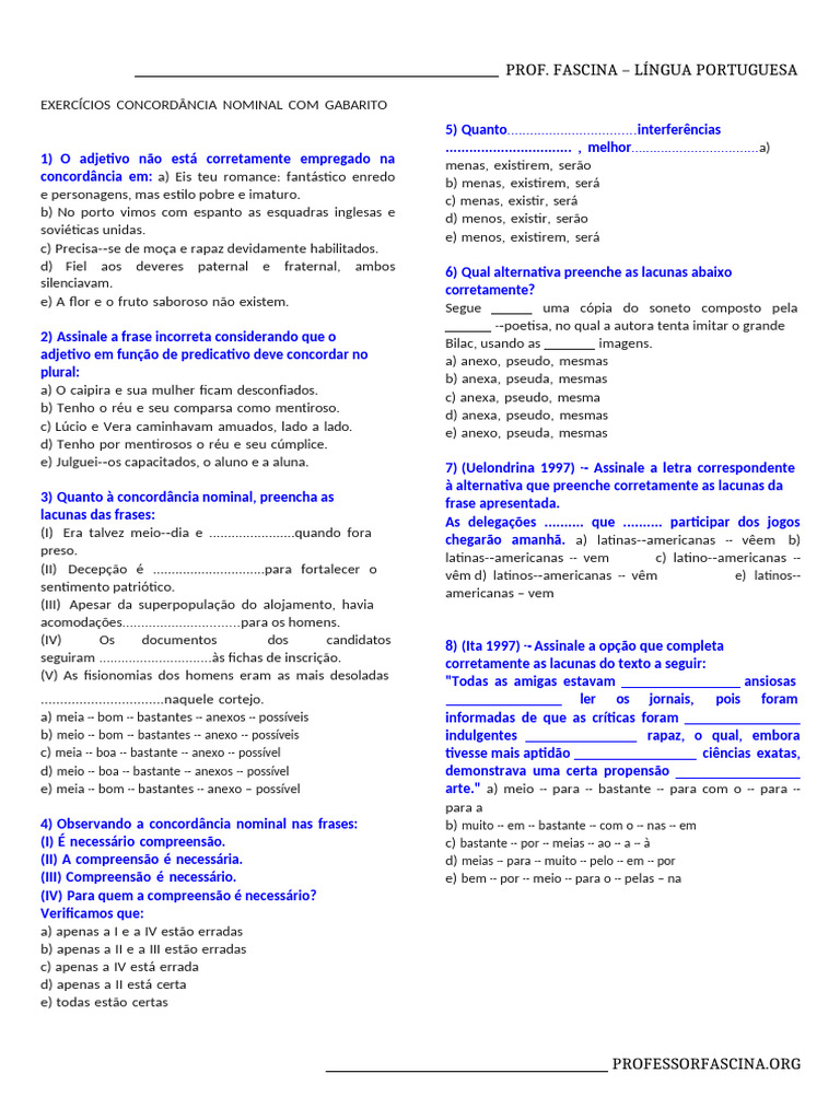 Exercícios de Concordância Nominal com Gabarito | PDF