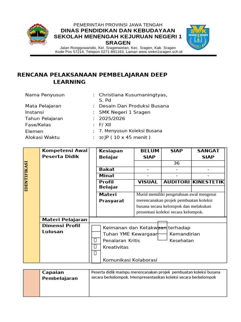 RPP Deep Learning Desain Busana SMK Sragen | PDF