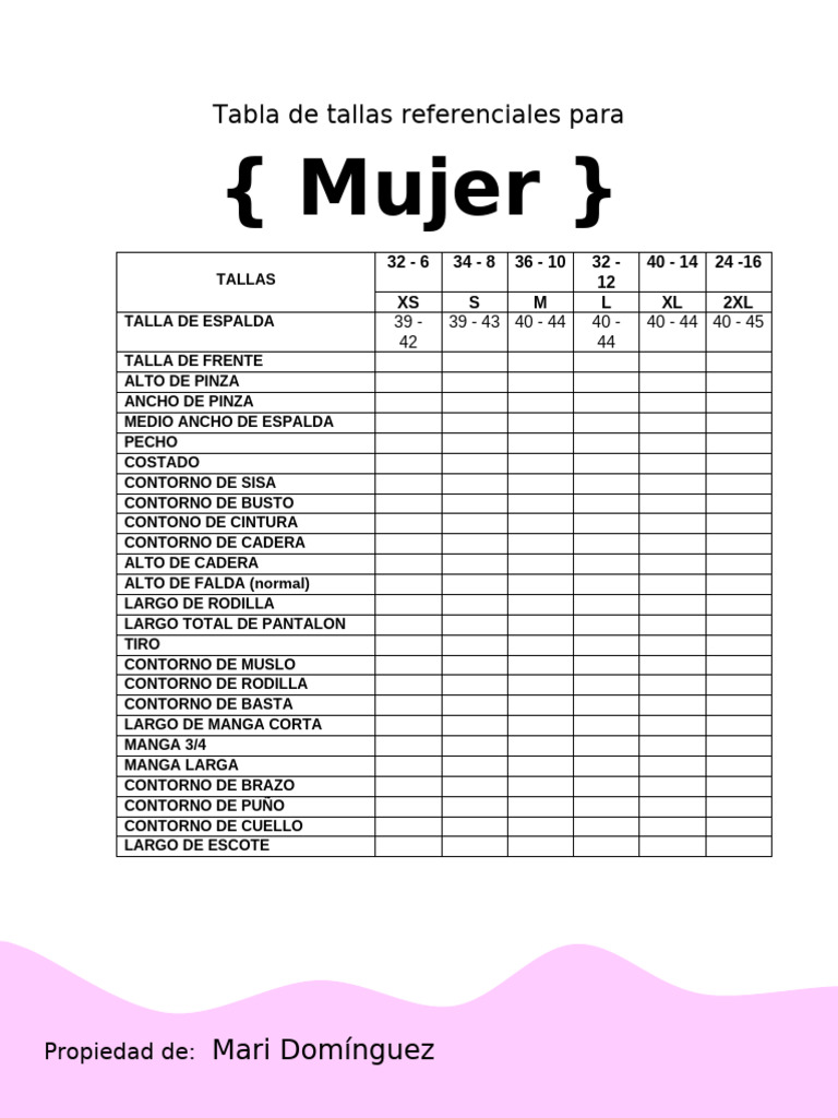 Tabla de Tallas para Mujer: Guía Completa | PDF