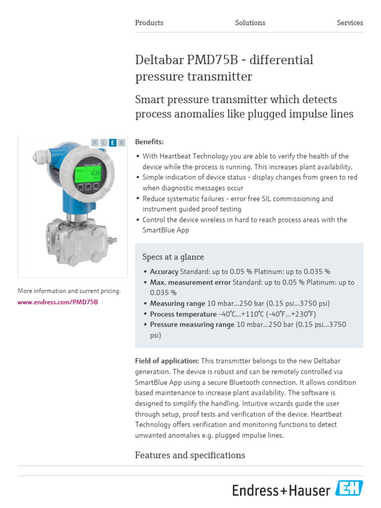 Deltabar PMD75B Differential Pressure Transmitter | PDF | Pressure ...